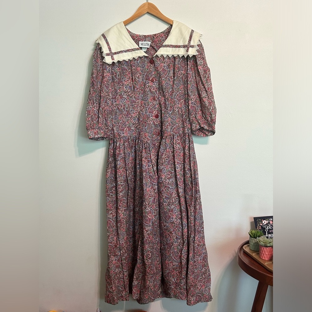 VTG Melissa Lane Paisley Prairie Dress Size 14 Floral Lace Collar Vintage